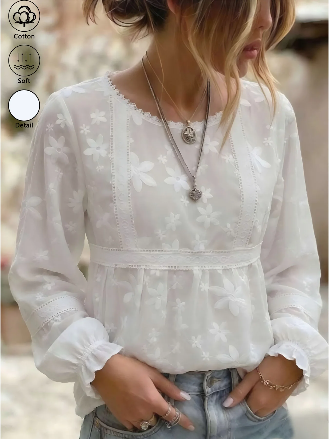 Women's 100% Cotton Crew-Neck Lace-Embroidered Top; a Relaxed, French-Vintage Style Long-Sleeve Babydoll Blouse.