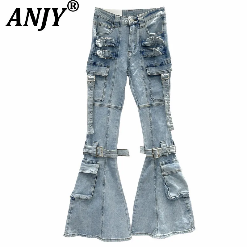 

ANJY Autumn New Women Trendy Jeans Washed Denim Multi-pocket Vintage Elegant Fashion High Street Safari Style Flared Pants A9977