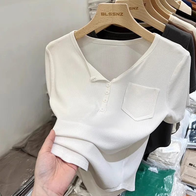 Ice Silk V-neck Short-sleeved Sweater Women Thin Summer Design Sense Spice Girl Tight Short High-waisted Top Half-sleeve T-shirt