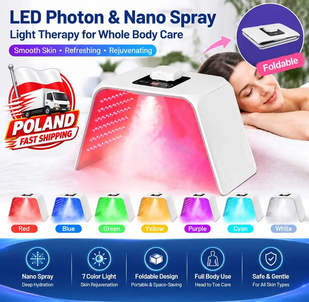 Macchina pieghevole per terapia con luce LED e nebulizzatore a nano getto, maschera per il viso con 7 colori LED, dispositivo di bellezza per la cura della pelle di viso e corpo, ideale per centri