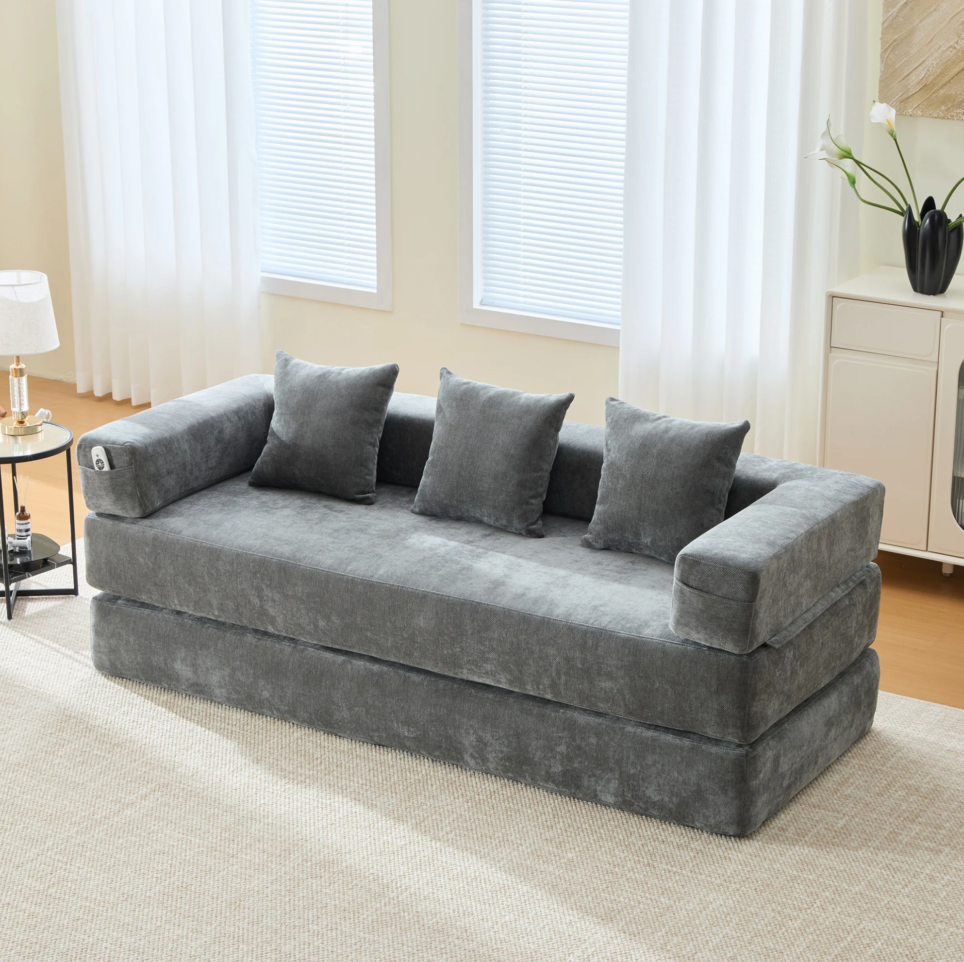 Bloc de canapé modulaire en chenille avec poches de rangement latérales et base antidérapante, 198x79x60cm, rembourrage en mousse souple