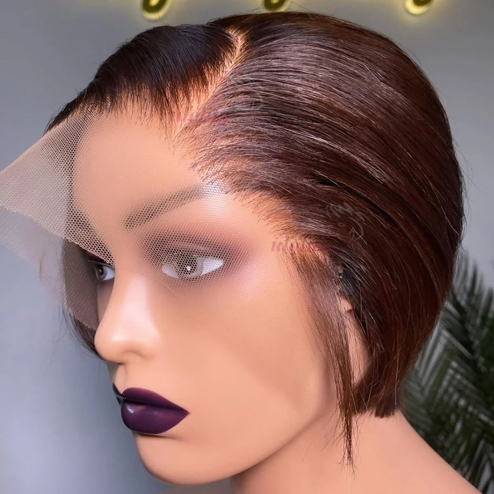 Ombre T1B/4 Braun Kurze Pixie-Cut-Perücken für Frauen Echthaar 200% Glatt Schokoladenbraun Lace-Front-Bob-Perücke Brasilianisches Remy-Haar – Detail 7