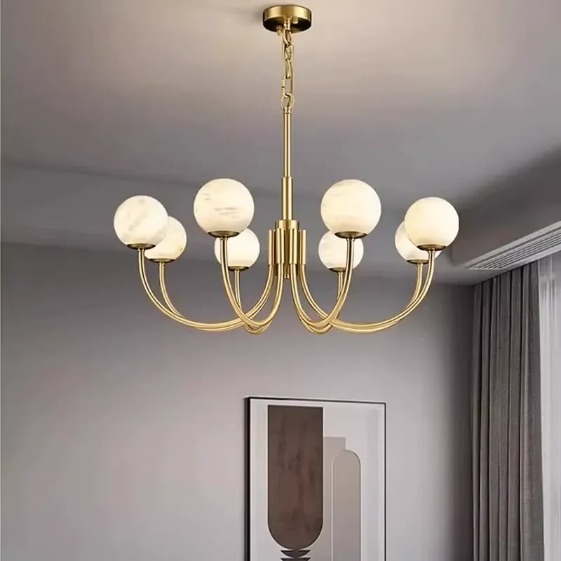 for APCITL Classic Gold Finish Brass Marble Ball Chandelier for Living Room Bedroom Indoor Ceiling 220V Compatible Home Decor