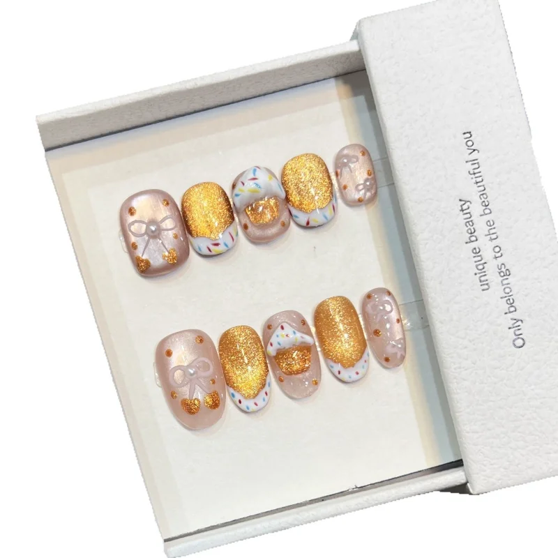 

Весенние и летние модели носят ногти, высококачественные короткие ногти, плотные кошачьи глаза, конфеты, мороженое, бантик, съемный кусок ногтей