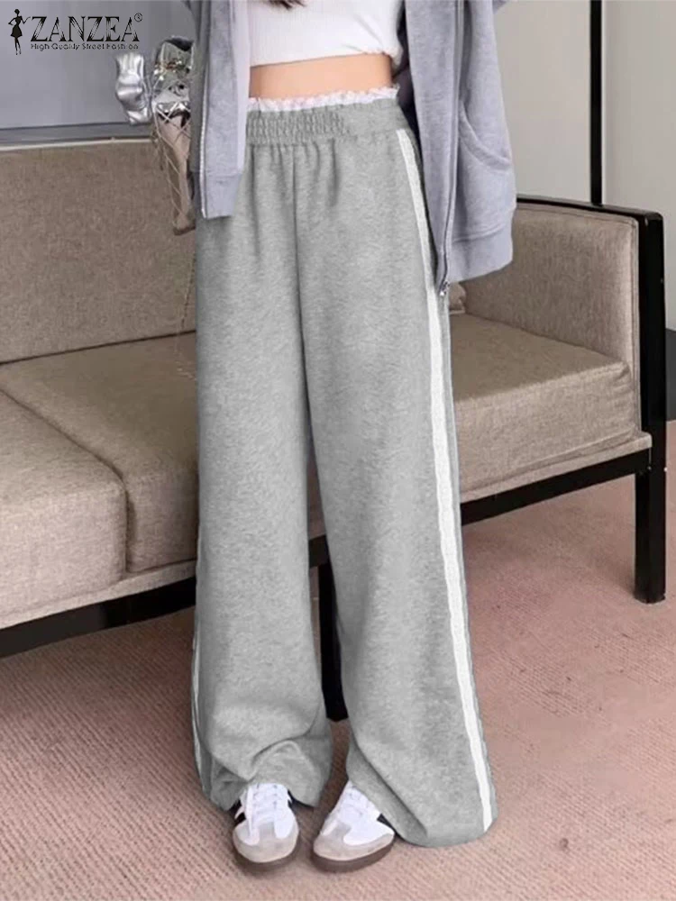 

ZANZEA Sporty Elastic Waist Wide Leg Pants Women Korean Fashion Lace Panels 2025 New Trousers Casual Solid Color Loose Pantalon
