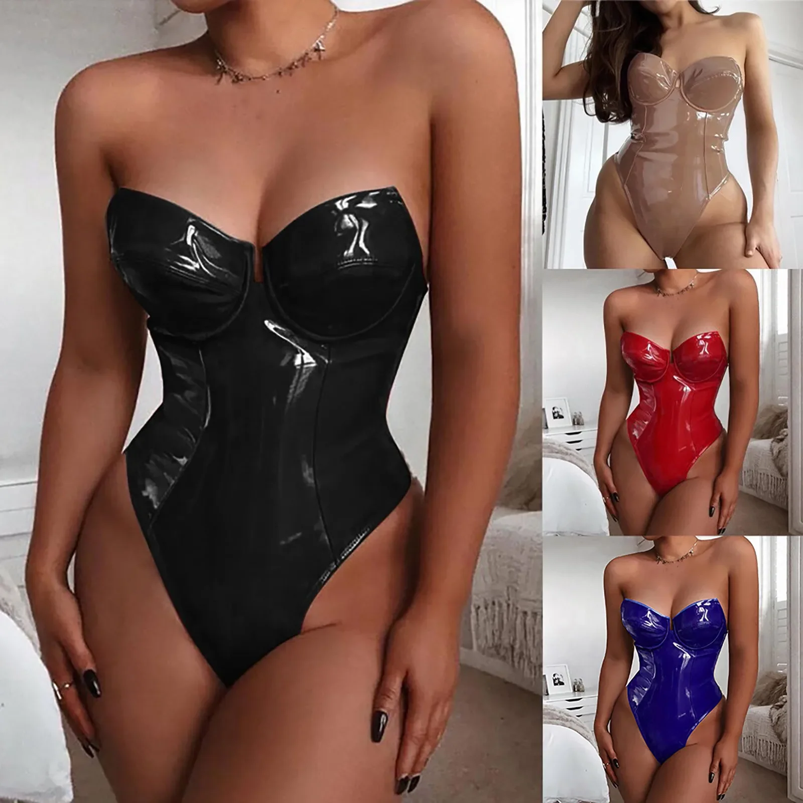 Sexy Bodycon Bodysuit Women Zipper PU Leather Jumpsuit Ladies Latex Strapless Bodysuits Rompers Body Mujer Erotic Lingerie 4XL