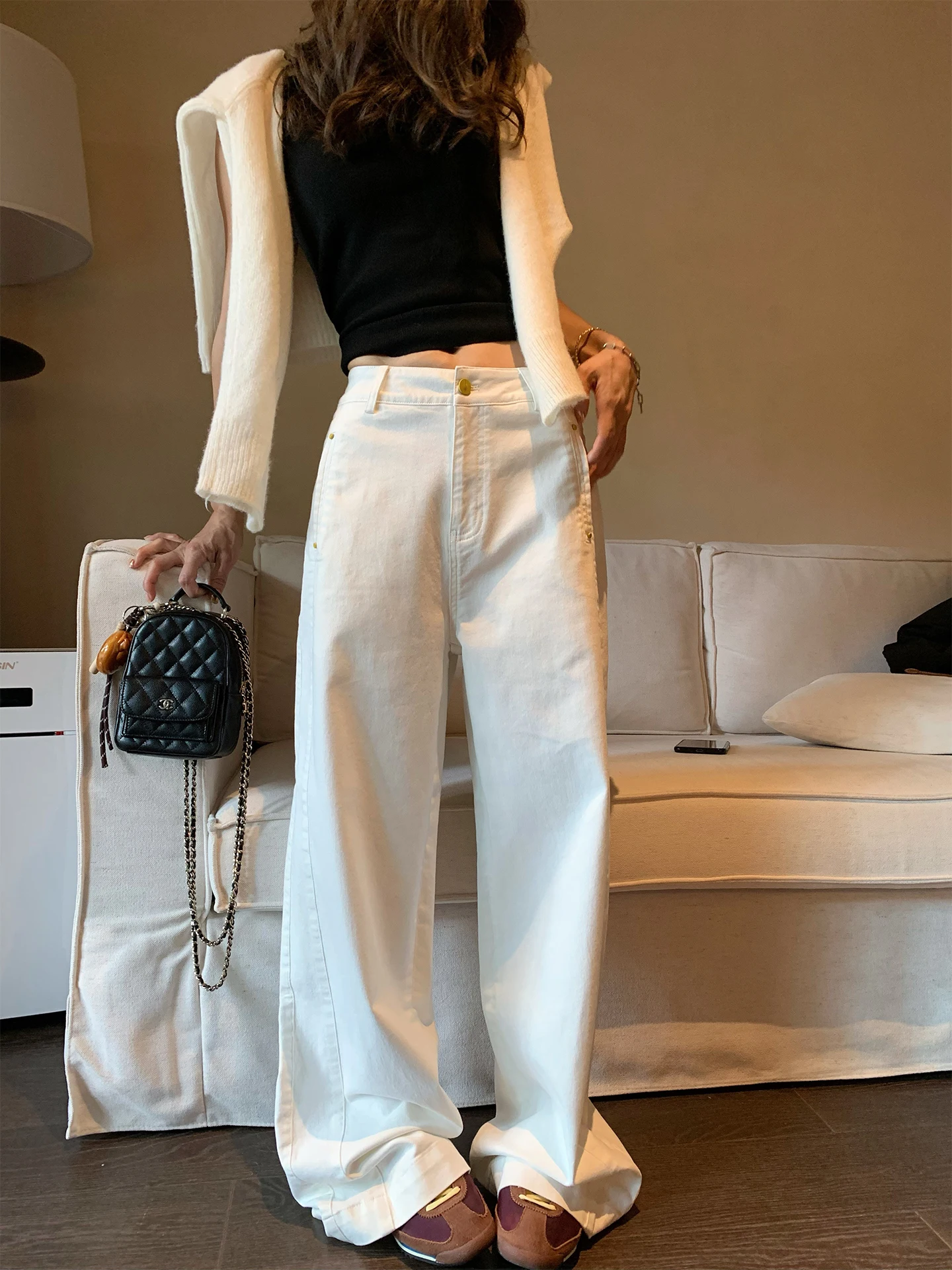 

Узкие прямые джинсы, женские повседневные свободные белые джинсовые брюки, всесезонные джинсы Faion Ele, большие размеры l, джинсы с талией