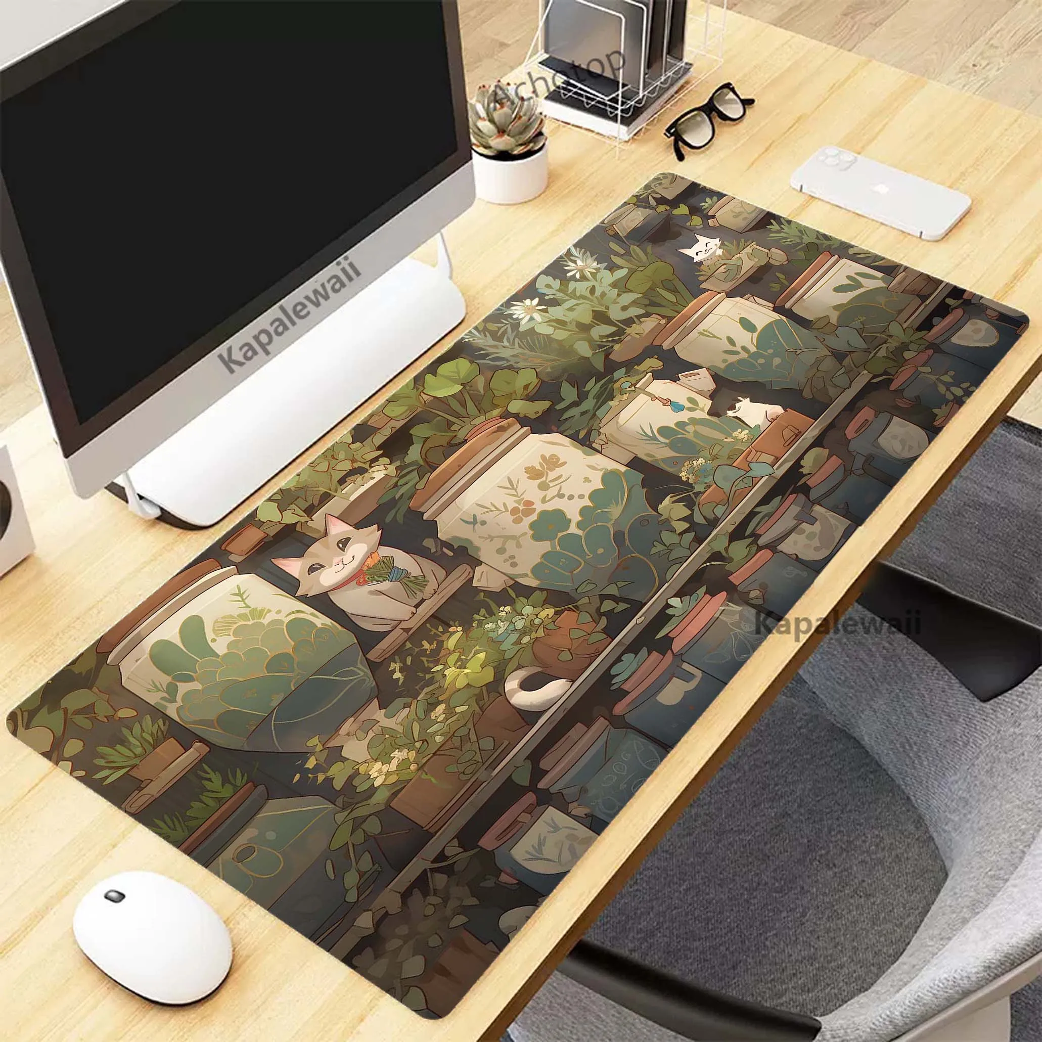 

Kawaii Cute Cat Green Plants Mousepad Gaming Speed Keyboard Pads Mouse Pad XXL Rubber Carpet Locked Edge Mouse Mat 900x400mm