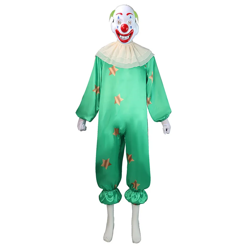 Palhaço Engraçado Cosplay para Homens e Mulheres, Roupas de Festa Halloween, Macacões, Máscara, Luvas, Roupa para Performance de Palco, Palhaço de Circo