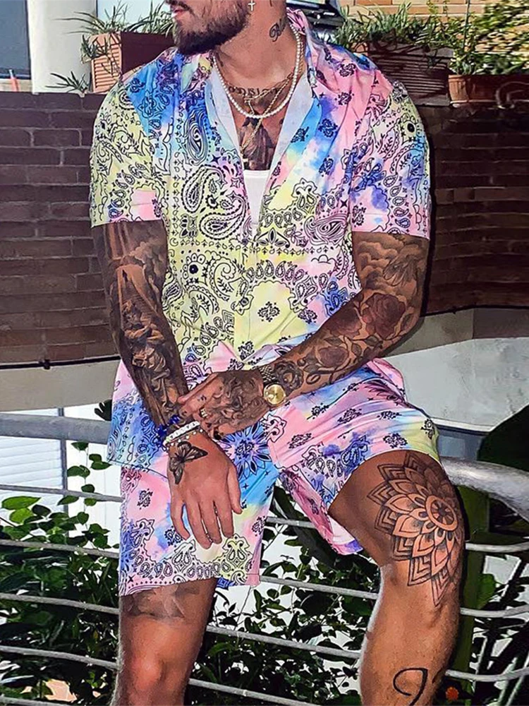 Fashion Leopard Print Two Piece Set Men Beach Style Sexy Buttoned Lapel Shirt And Shorts Outfit Suits Casual Loose Mens Clothes