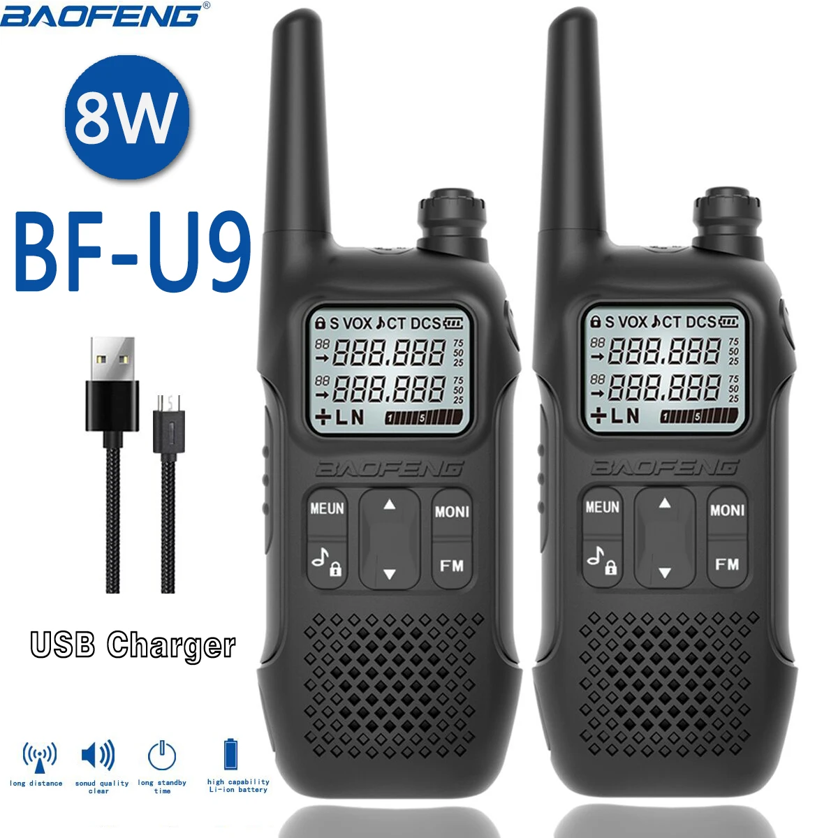 2 uds Baofeng BF-U9 UHF 400-470MHz Walkie Talkie cargador USB alta potencia de mano FM Ham comunicación de Radio bidireccional para viajes