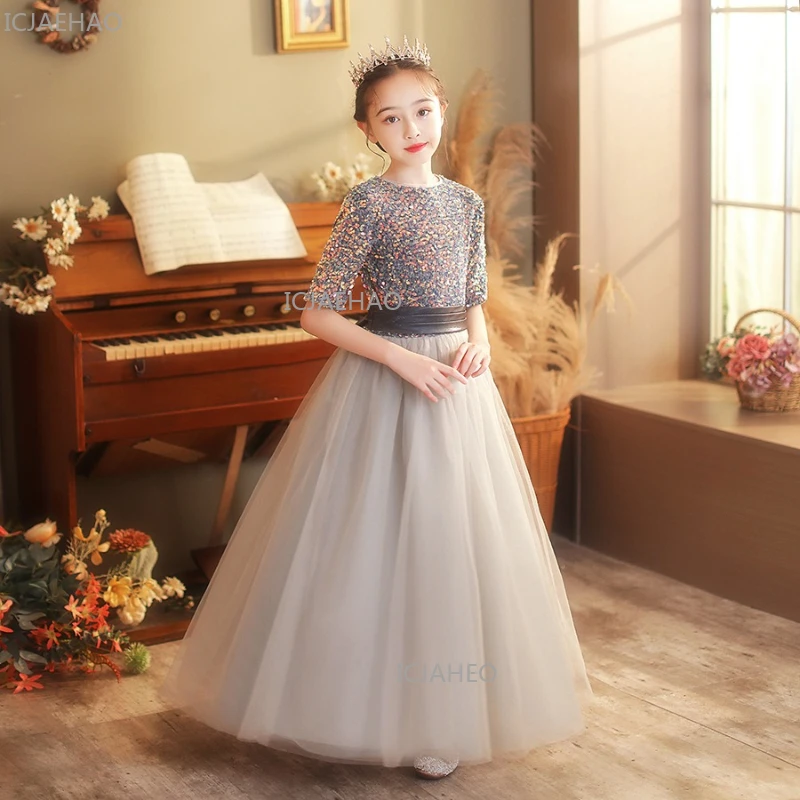 2026 Kids Gown Princess Dress Flower Girl Puffy Tulle Children Piano Performance Evening Costume Girl Birthday Host Girls Runway
