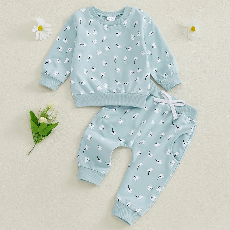 2024-09-21 Lioraitiin Toddler Girl Fall Outfits Floral Print Long Sleeve O-Neck Pullovers with Elastic Waist Long Pants 2Pcs Set