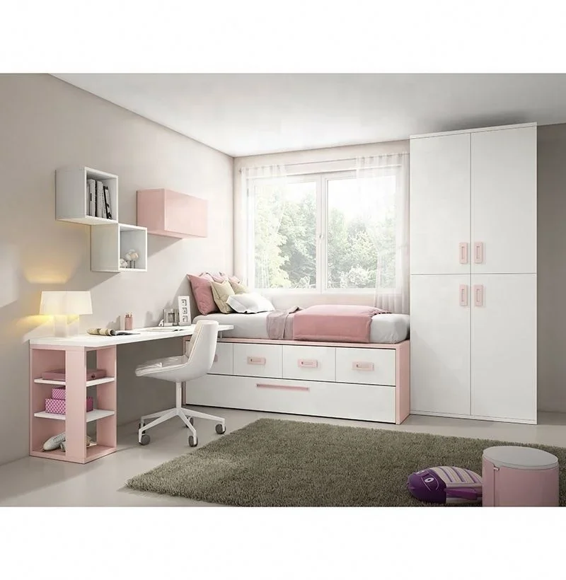 20BWB043 Kids Furniture For 12 Year Girls Pink Single Bed  Storage Drawers Customize Color Wooden Children Trundle Bed