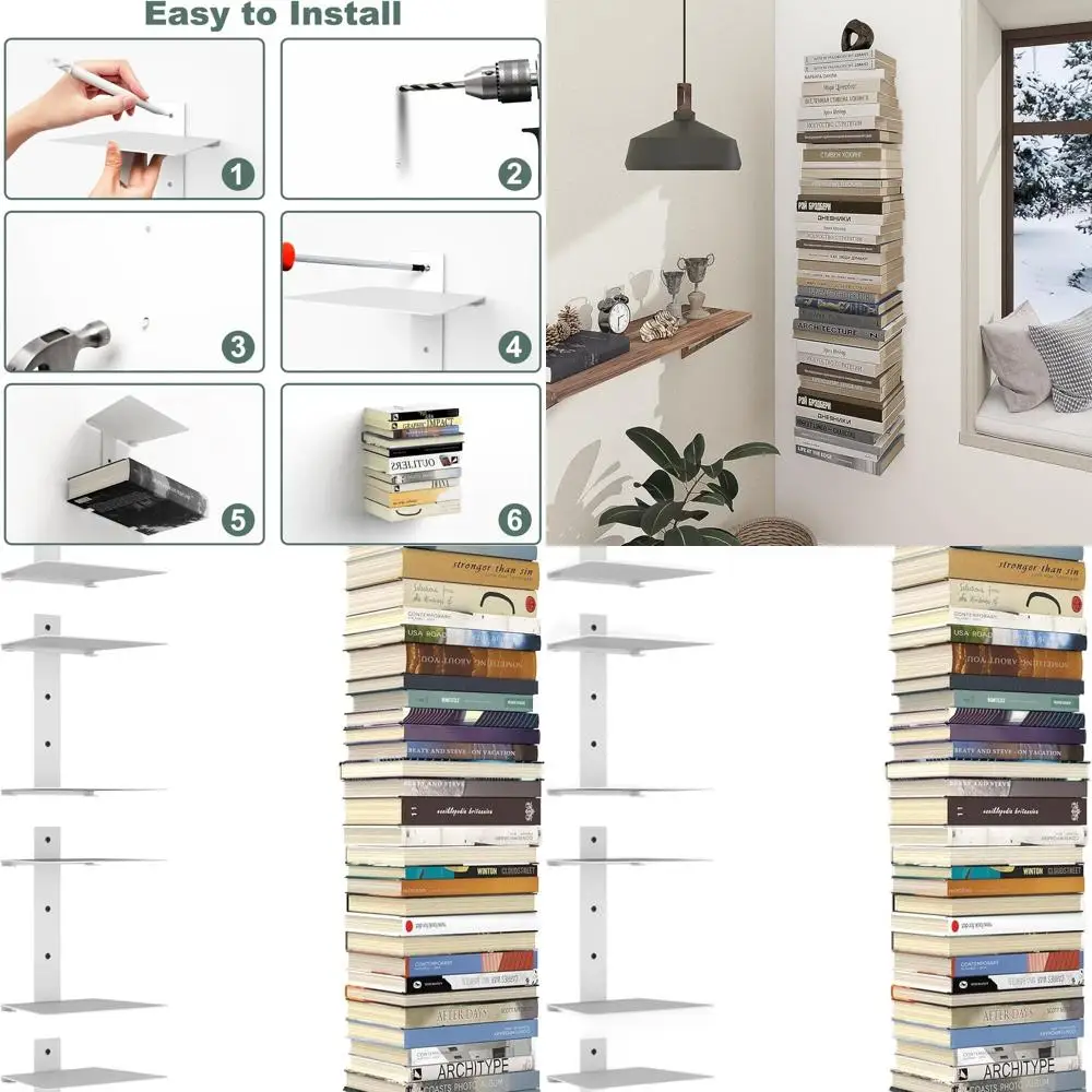 

4-Pack White 8-Tier Metal Wall-Mounted Floating Bookcases for Home and Office