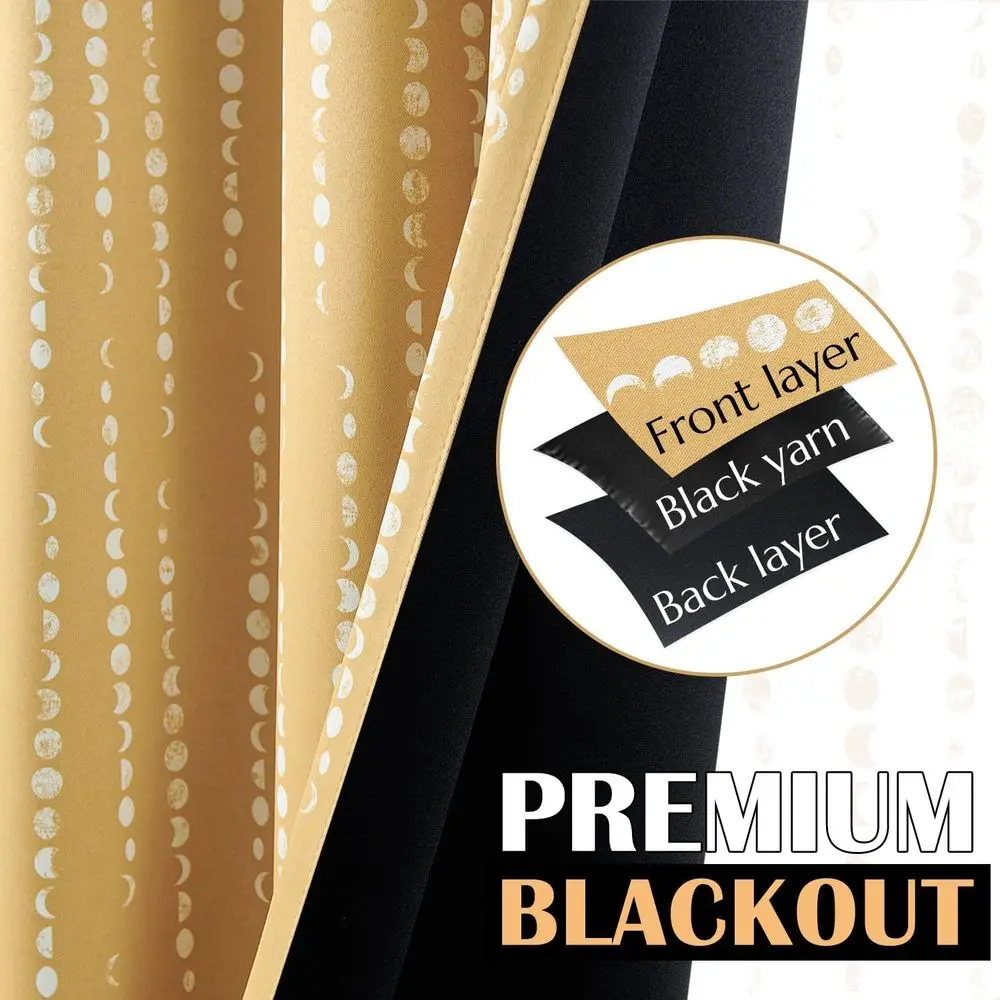 Rideaux Boho moutarde 84 longs avec phases de lune, occultants 95%, isolation thermique, poche pour tringle, ensemble de 2 panneaux pour chambre/enfant