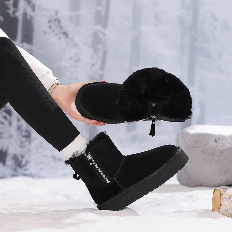 Natural Cow Suede Fur Women Wool Snow Boots Winter Brown Black Platform Side Zipper Ladies Round Toe Ankle Boots Oversize Shoes