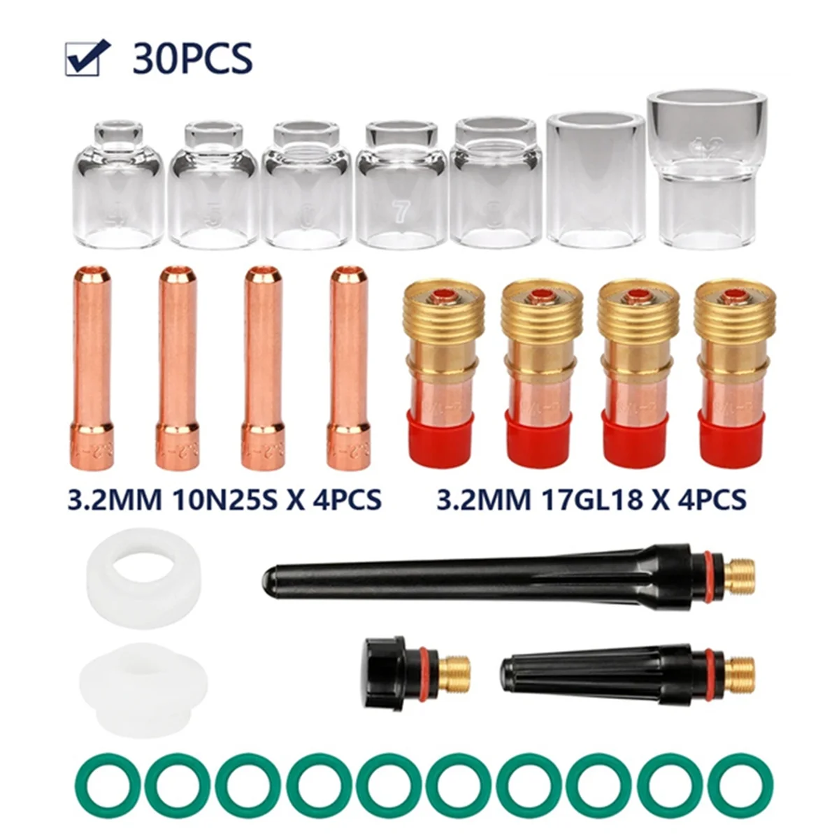 

BAAQ 30 шт. аксессуары для сварочной горелки TIG, короткие газовые линзы 4-12 комплект чашек для сварочных принадлежностей для горелки-17/18/26, 3,2 мм