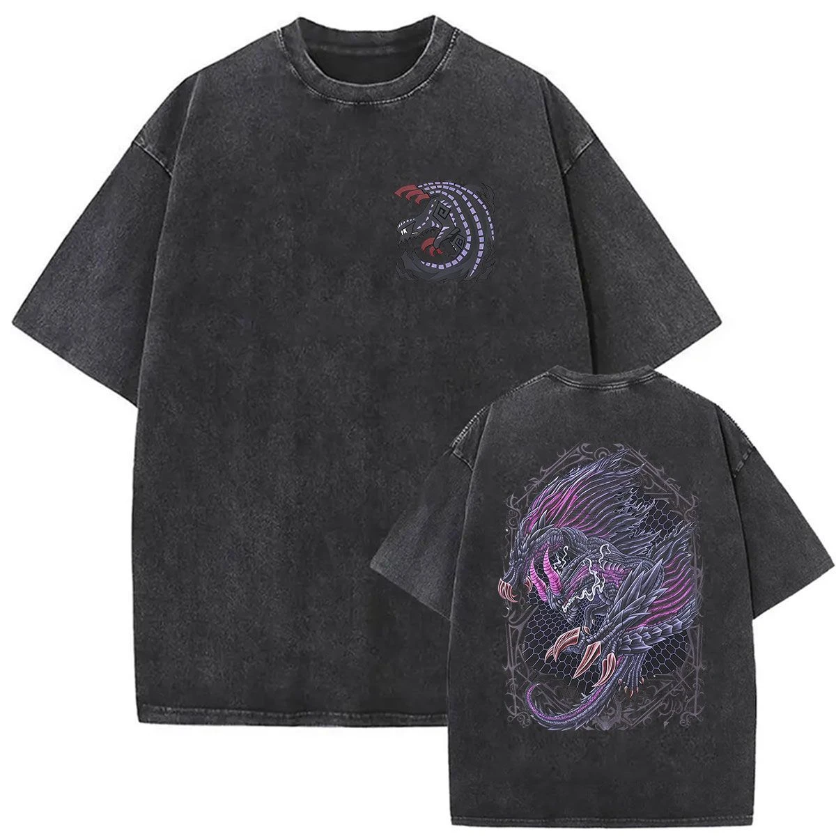 Best Monster Hunter Gore Magala Game Print Washed Distressed Short-sleeved T-shirt for Men and Women Pure Cotton