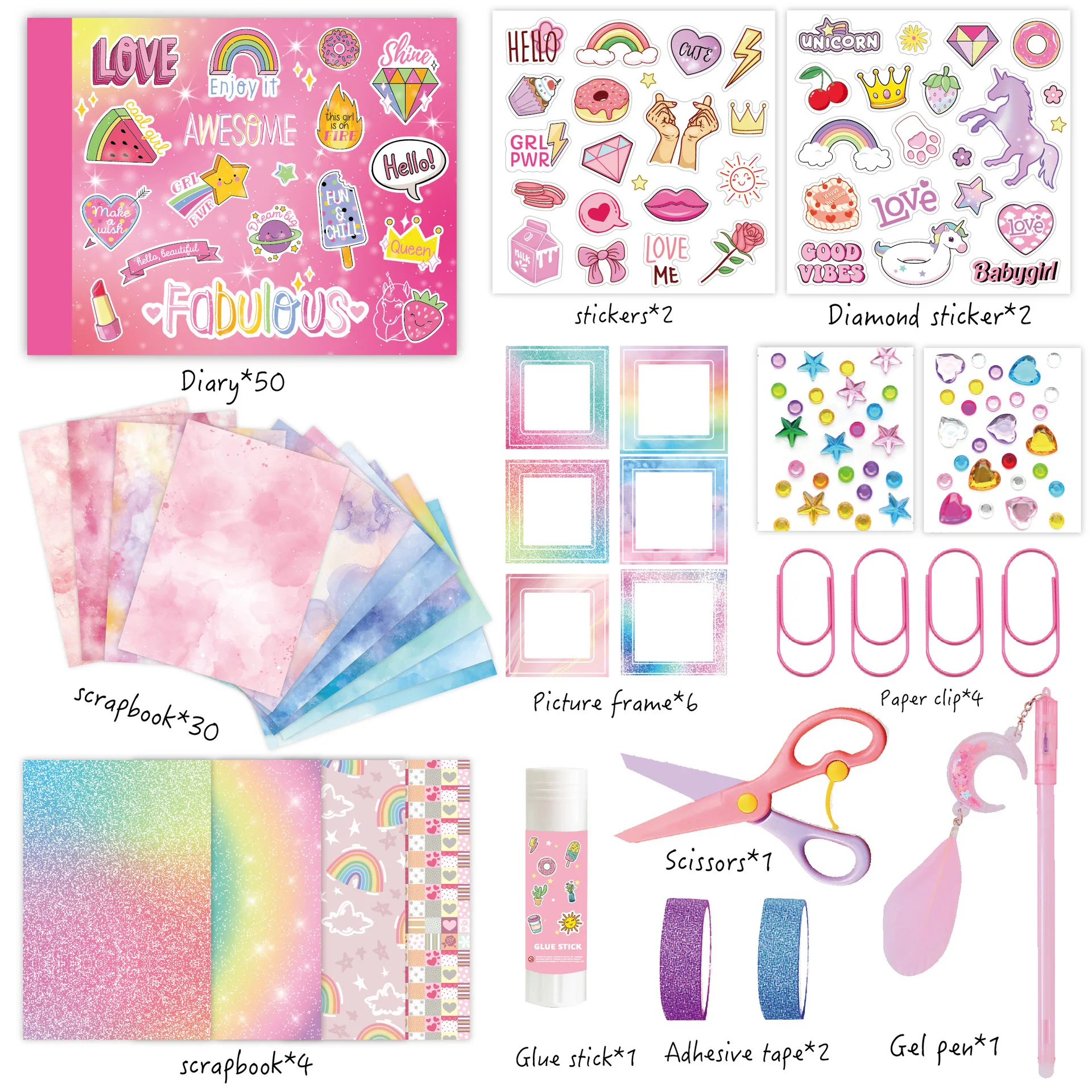New Arrival Cute Pink DIY Journal Set for Girls Birthday Gift Scrapbook Diary Notebook Kids Stationery Kit School Supplies
