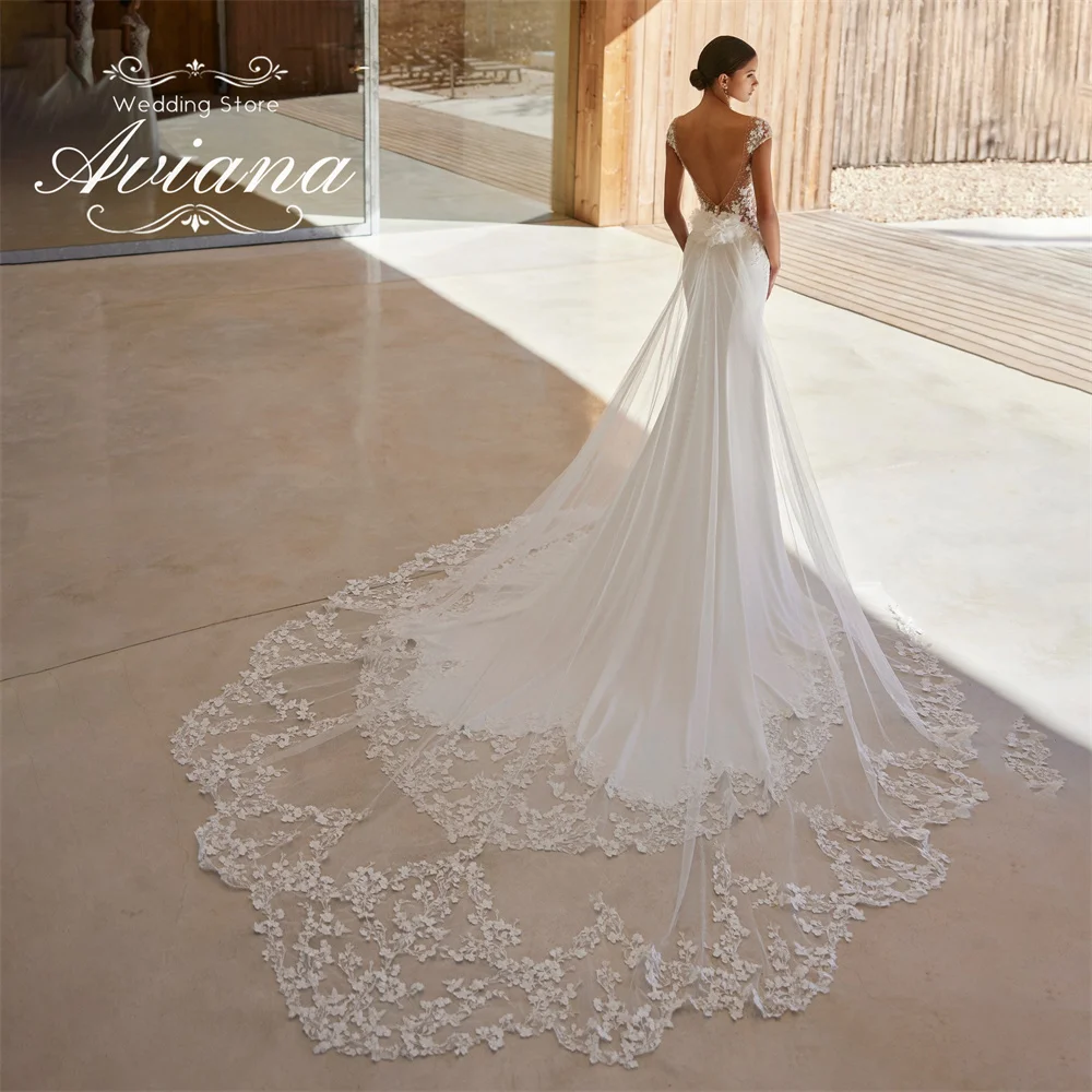 Aviana Customized Sweetheart Backless Mermaid Wedding Dress Sweep Train Pearls Elegant  Floor Length Lace Appliques Embroidery