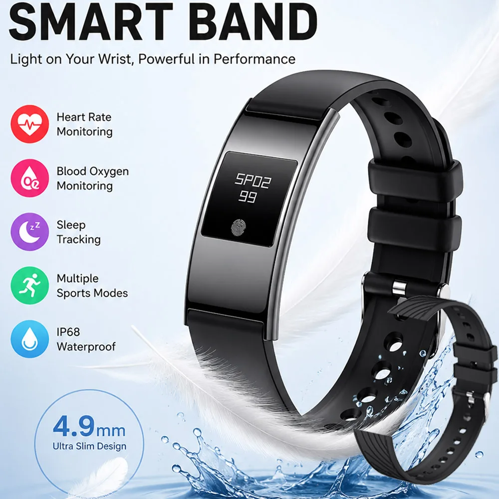 2026New 4.9mm Ultra-Thin SmartBracelet Women Heart Rate Blood Oxygen Sleep Monitoring Waterproof Bluetooth Call Smart Bracelet