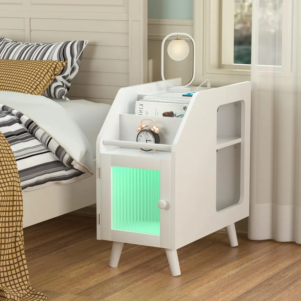 Nightstand with Wireless Charging Station and LED Lights, Side TablewithOpenStorageBedsideNightstand