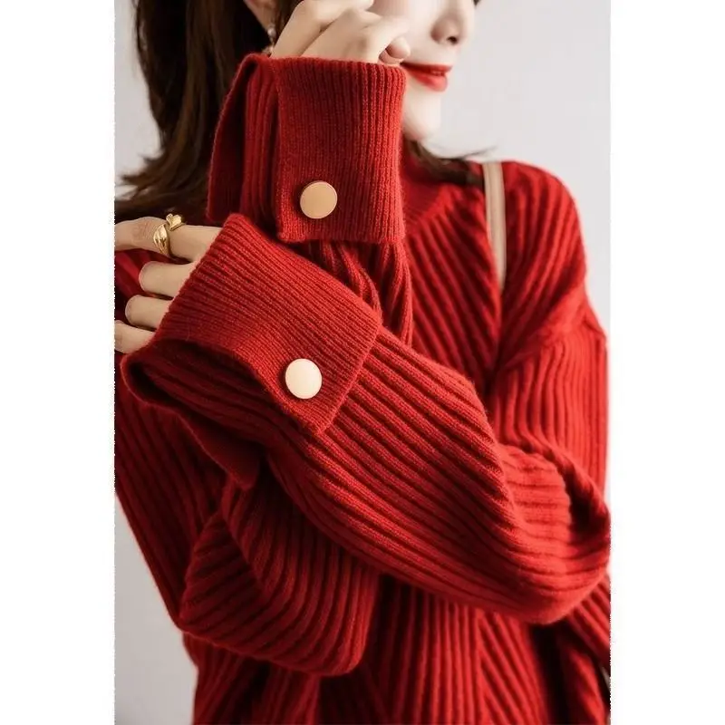 Autumn Winter Solid Color Half Height Collar Ladies New All-match Fashion Knitting Pullovers Women Clothes Loose Buttons Sweater