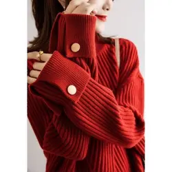 Autumn Winter Solid Color Half Height Collar Ladies New All-match Fashion Knitting Pullovers Women Clothes Loose Buttons Sweater