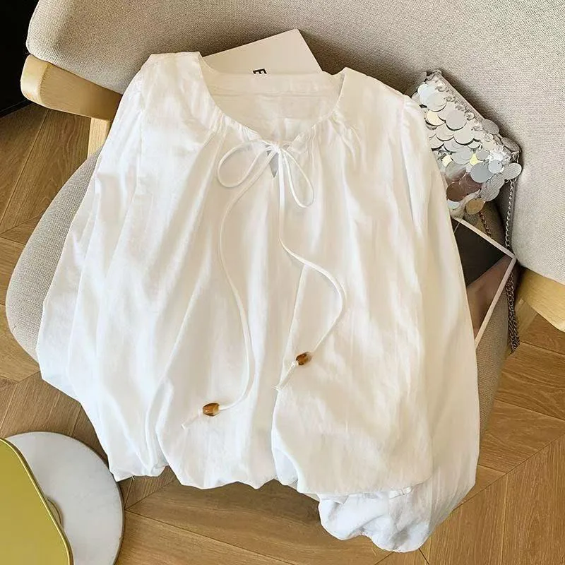 Vintage Lace-Up O-Neck Shirt for Woman Versatile Casual Flower Bud Blouses for Spring Autumn New Chic Long Sleeve Loose Shirts