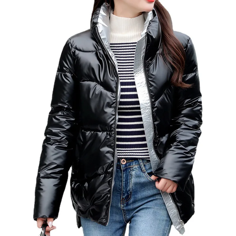 Winter Stand Collar Jacket Long Sleeve Ladies Shiny Parka Coat Loose Large Size Cotton Jacket Warm Solid Color Slim Coat Women
