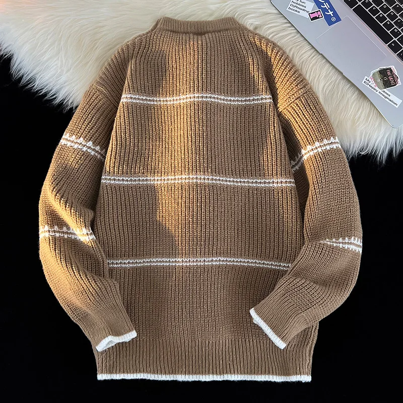 Autumn and Winter Striped Sweater Men's Korean Knitted O-neck Long Sleeve Casual Loose Stretchy Male Pullovers Street Knitwear