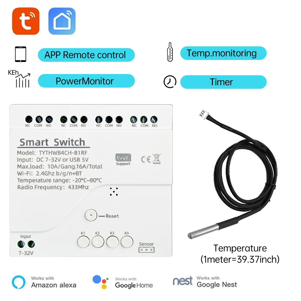 Tuya Smart WiFi 4-Kanal-Relais DC 7-32V/AC 85-250V 10A mit Temperatur- und Feuchtigkeitssensor, passiver Trockenkontaktschalter für Zuhause – Detail 16