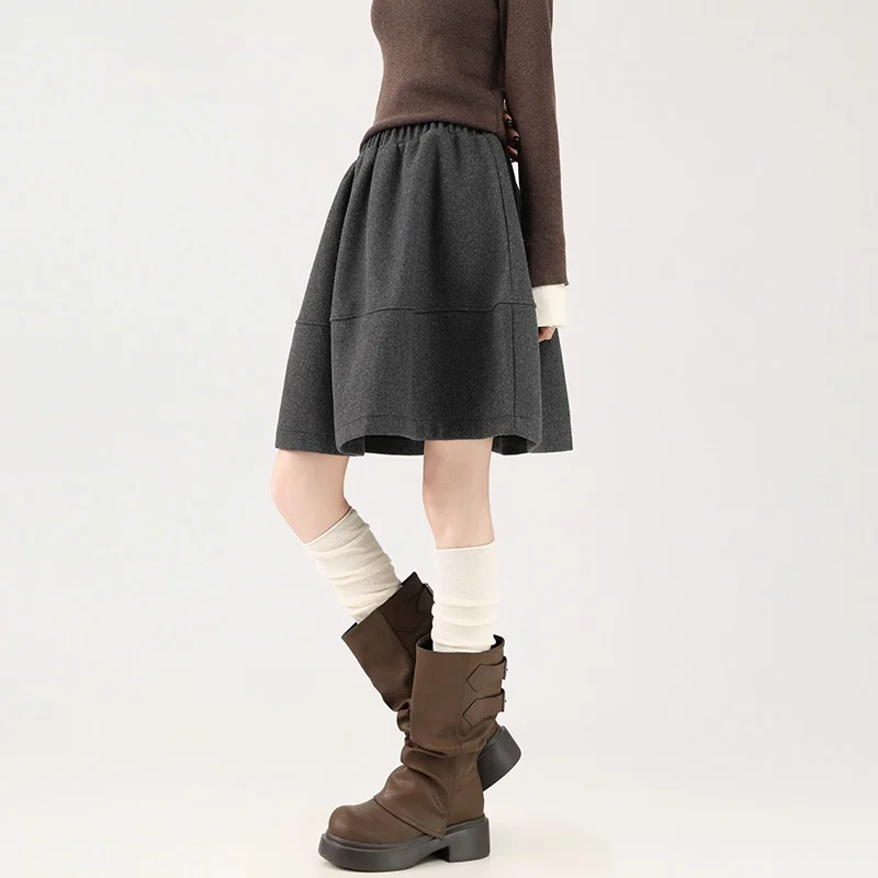 2026 Autumn Winter New Woolen Bloom Skirt Women High Waist A-line Midi Skirt Casual Loose Flared Puff Skirt