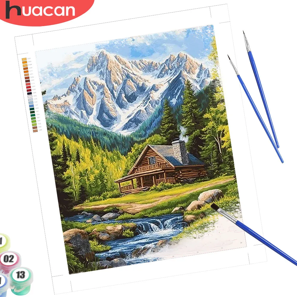 HUACAN Malen-nach-Zahlen-Sets, Berglandschaftsbilder auf Leinwand, Haus, See, Fluss, Haus, 5D-DIY-Geschenk, dekorative Kunst