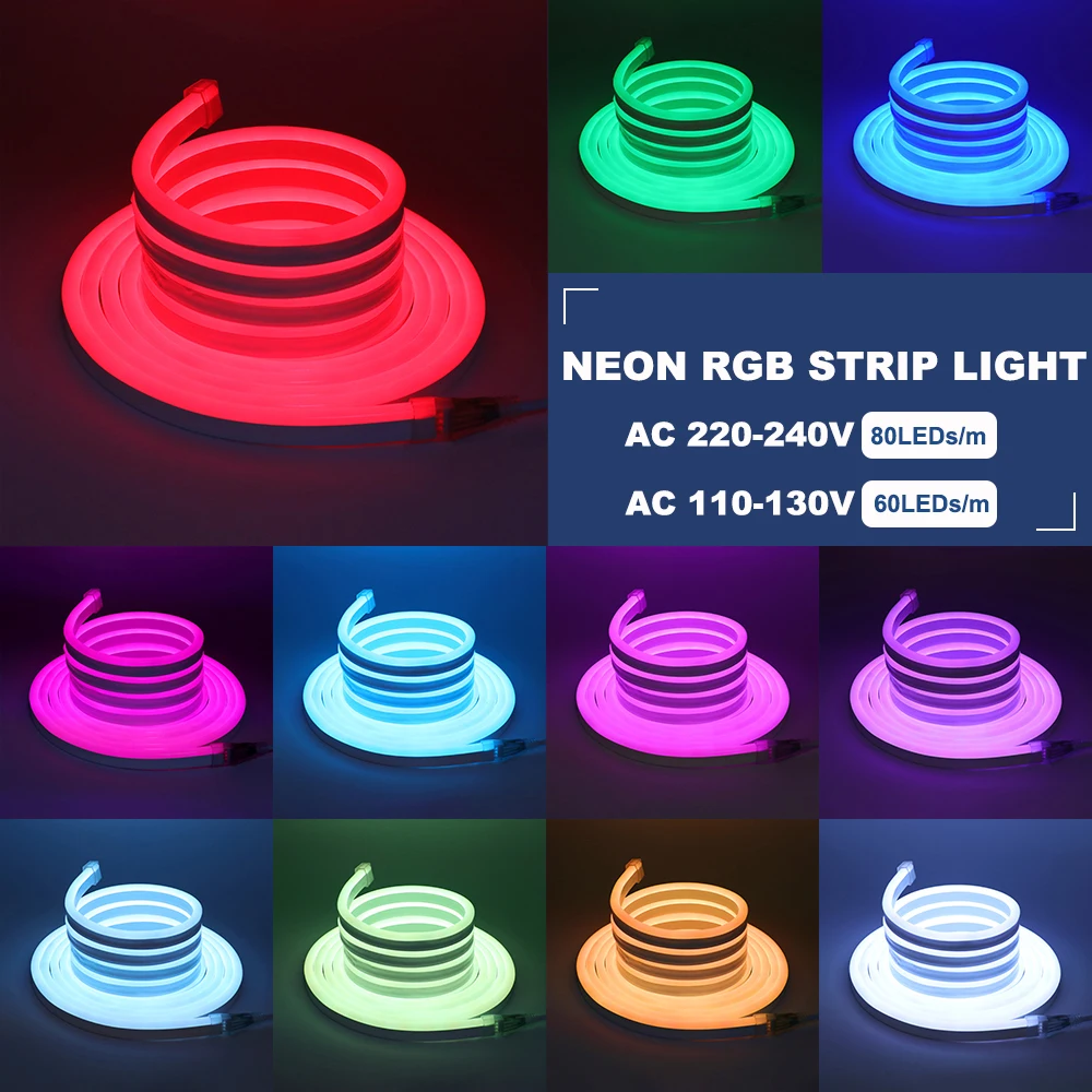 Smart WiFi RGB LED Neon Strip Light Dimmable 110V 220V IP67 Neon Sign Tape Tuya APP Work with Alexa Google Home Music Tape