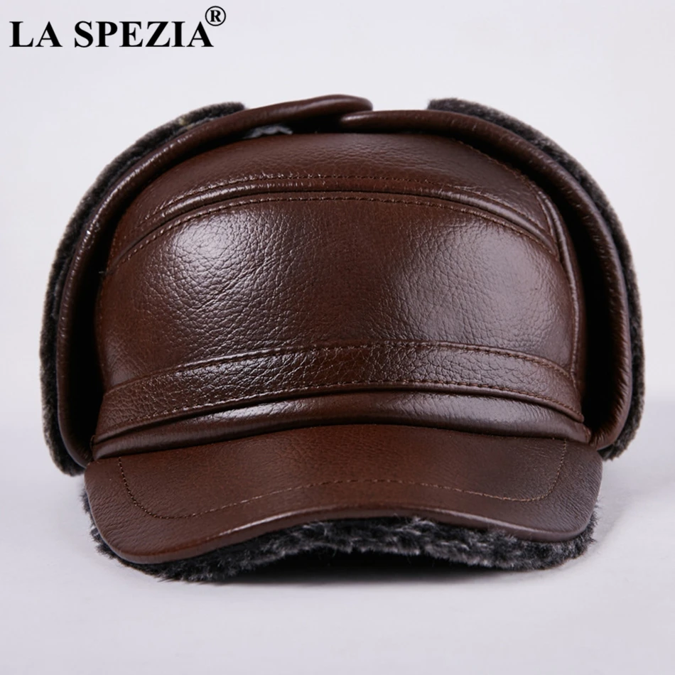 LA SPEZIA Winter Bomber Hat Men Russian Brown Leather Ushanka Cap With Ear Flaps Fur Warm Genuine Cow Leather Brand Baseball Cap