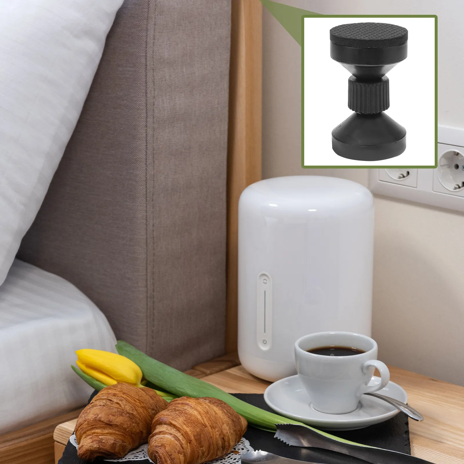 Adjustable Headboard Stoppers for Renters to Protect Walls, 2 Black Adhesive Plastic Bed Stabilizers, Noise Reducing