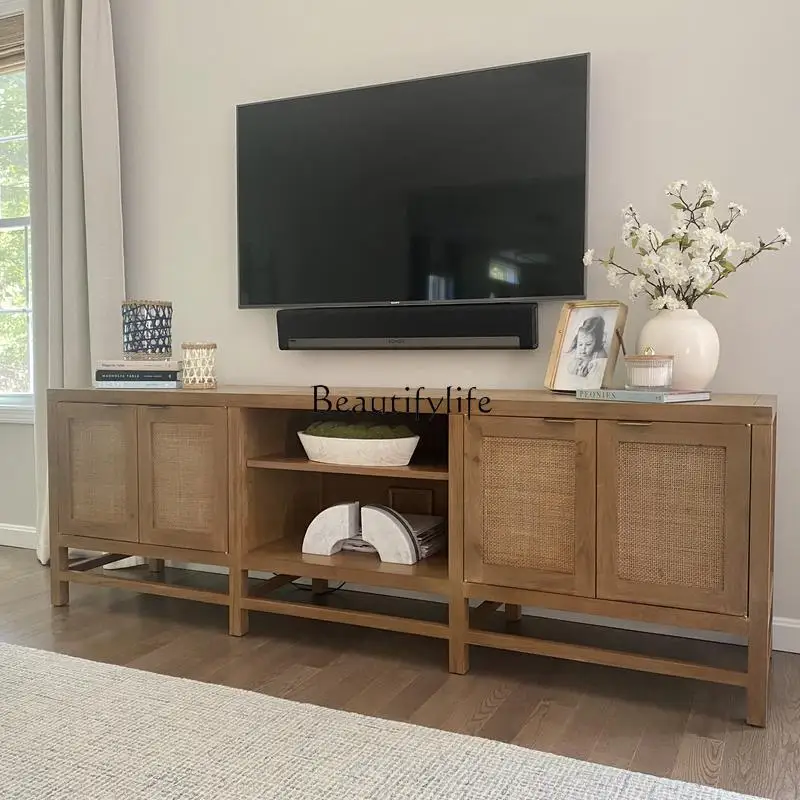 アメリカン無垢材テレビキャビネットレトロ籐シンプルな小型アパート収納キャビネット