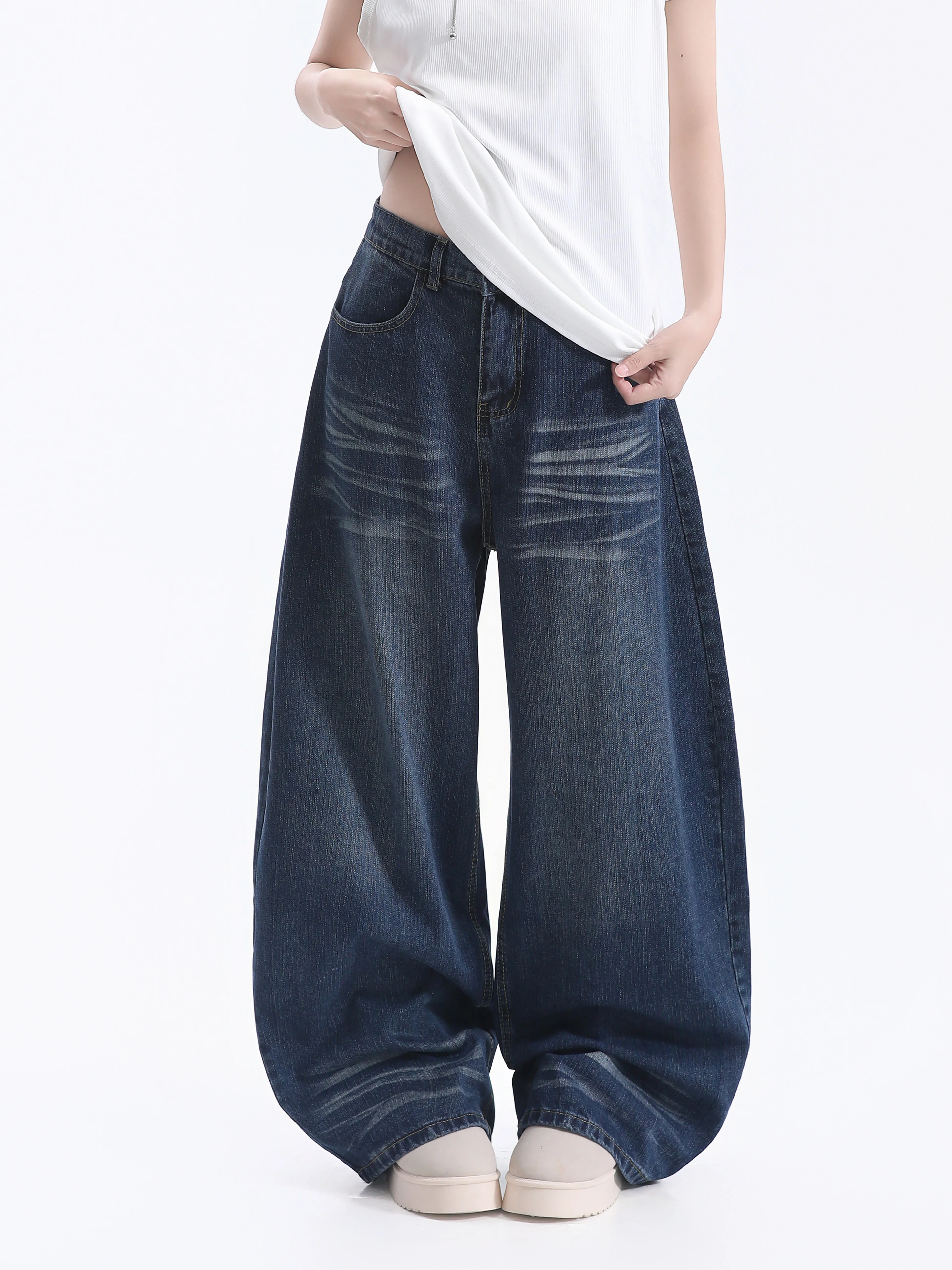 American Style Faded Wide Leg Pants Women's Distressed Loose Lazy BF Floor-Length Versatile Denim Jeans Casual High Waist