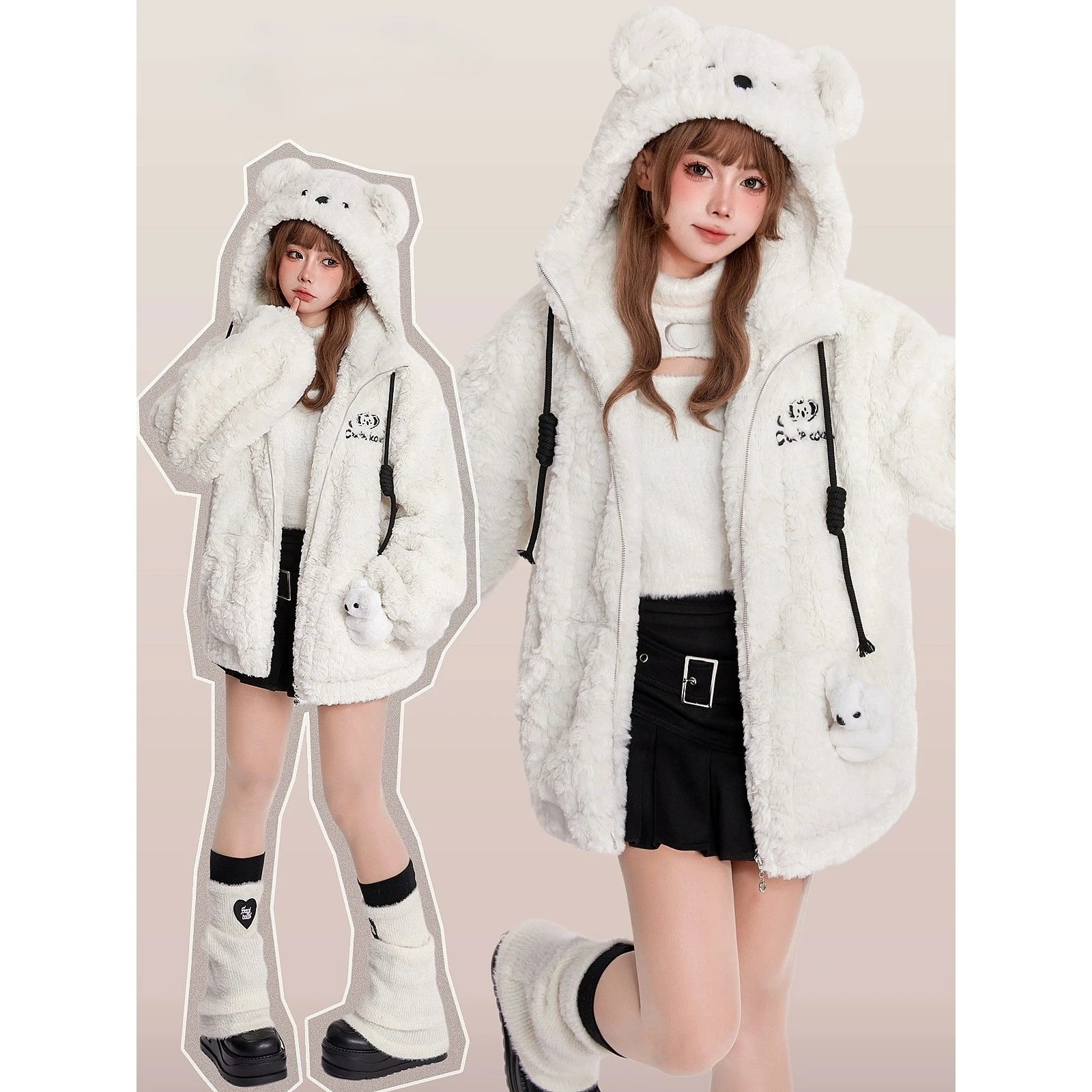 Coalfell Little Koala Plush Lamb Fur Cute Animal Thick Plush Coat Hooded Coat Cotton Jacket