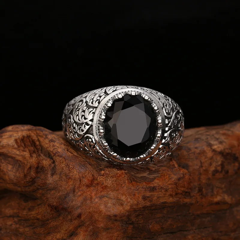 S925 Sterling Silver Black Zircon Adjustable Ring Punk Style Old Process Ribbon Leaf Free Size Women Fine Jewelry FYRNG169