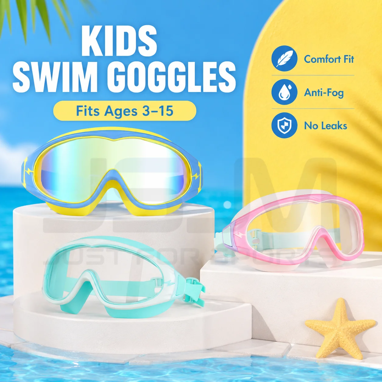 JSJM New Kids Swim Goggles Set Anti-Fog Leak-Proof Large Frame Swim Glasses with Nose Clip Ear Plugs for Boys Girls Ages 3-15