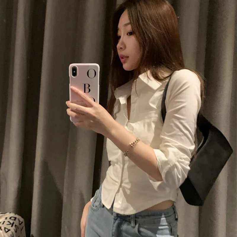 Rimocy 2024 Sexy Slim Fit White Shirt Women Korean Fashion Turn Down Collar Folds Crop Tops Woman Long Sleeve Y2K Blouse Female