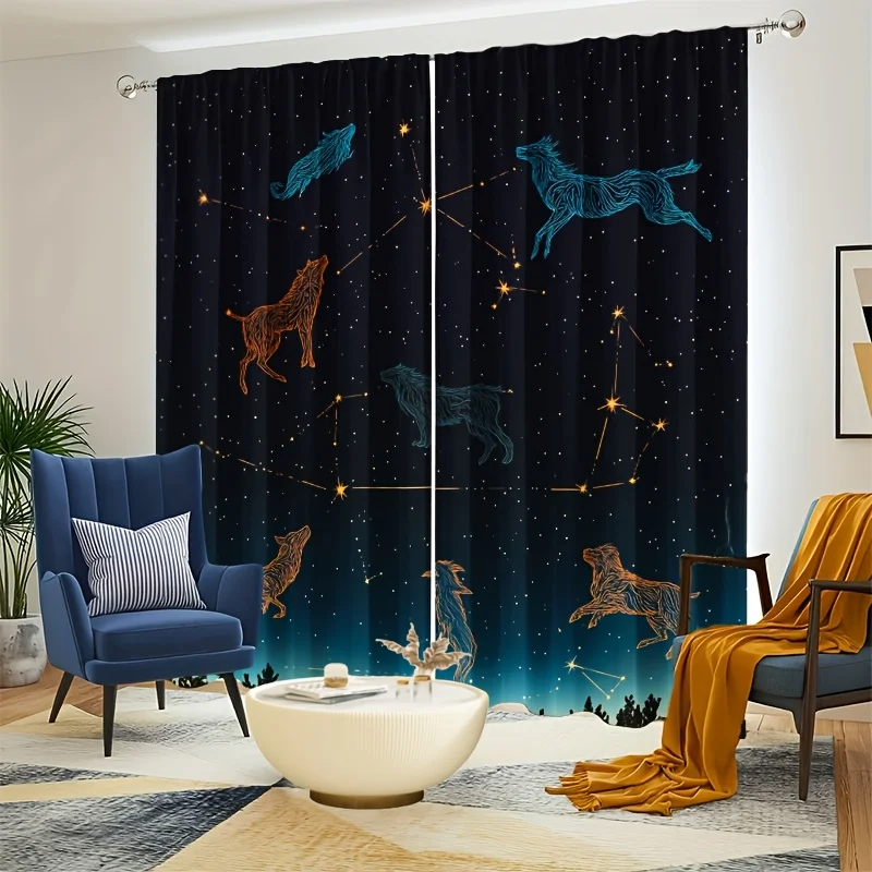 2pcs Wolf and Dog Constellation Curtains- Starry Night Sky Design, Polyester Semi-Transparent Modern Bedroom Curtains, Rod