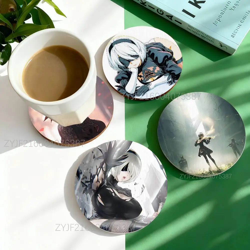 

N-NieR Automata 2B Round Wooden Coasters Heat Resistant Non-slip Drink Cafe Decoration 2D Flat Color Print Coasters Set