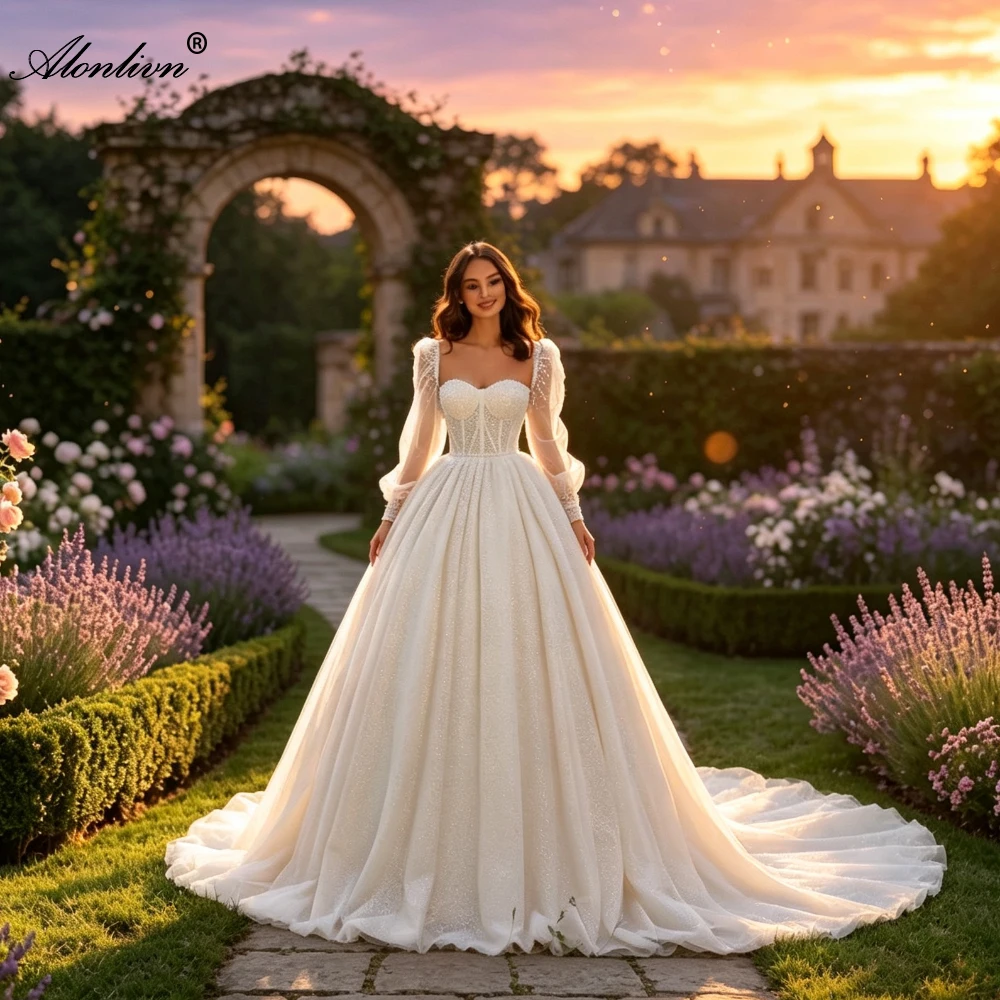 Alonlivn Custom Made Bling Lace Sweetheart Ball Gown Wedding Dresses Removable Full Sleeves Beading Pearls Elegant Bridal Gowns