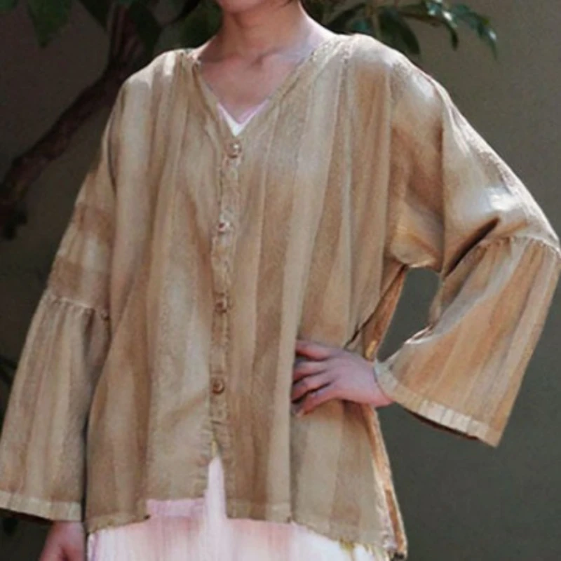 

Temperament Cotton Linen Jacquard Striped Shirts Women V Neck Original Designal Long Sleeve Loose Blouses 2025 Spring New Tops