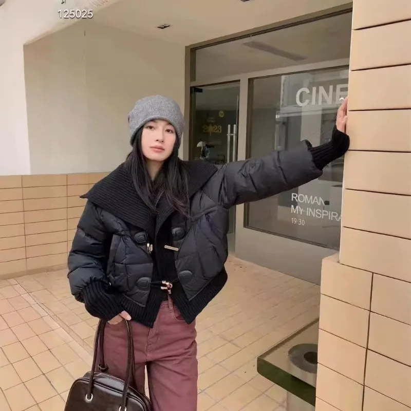 Women's Knitted Patchwork Down Jacket Winter New Style Fashionable Youthful Versatile Large Lapel White Duck Down Outerwear