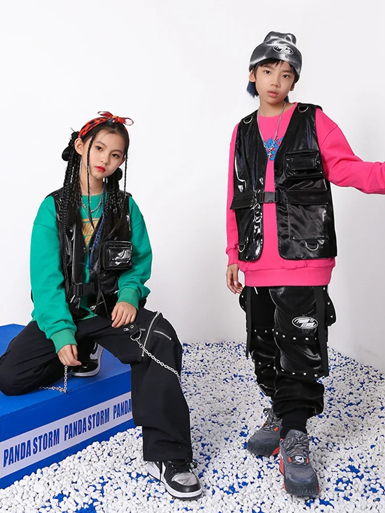 Modern Jazz Dance Costume Concert Stage Show Wear Kids Black Leather Vest Hip-Hop Pants Long Sleeves Tops